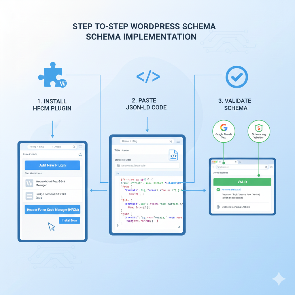 How to add schema markup in WordPress step-by-step infographic showing HFCM plugin installation, JSON-LD code insertion, and validation using Google Rich Results Test.