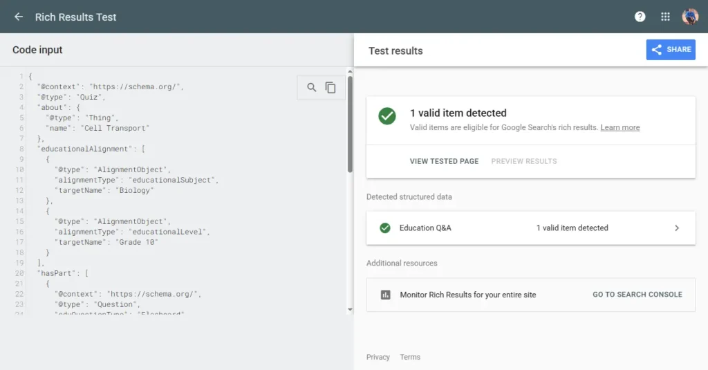 Educational Q&A Structured data schema Markup check via Google rich result test after generating via Iloveschema