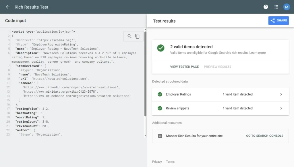 Employer AggregateRating schema Markup validated via Google rich result test after generating via Iloveschema