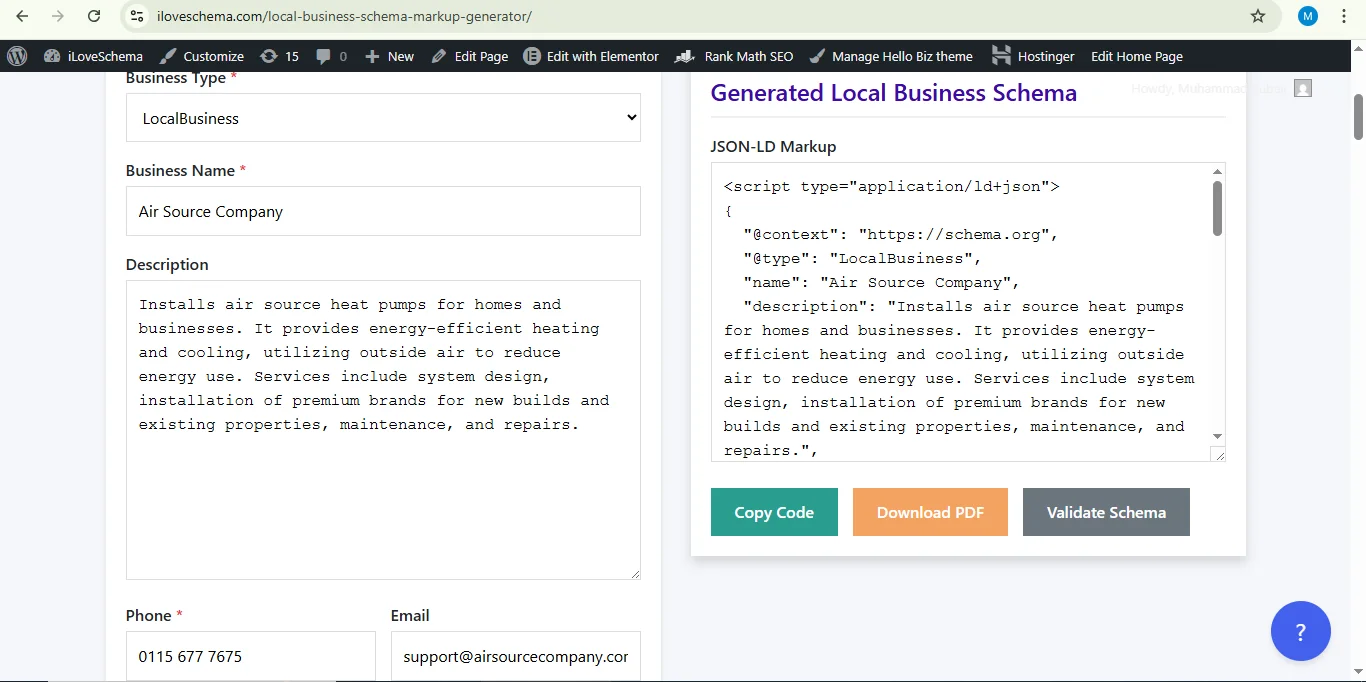 Local Business schema markup generated through iLoveSchema