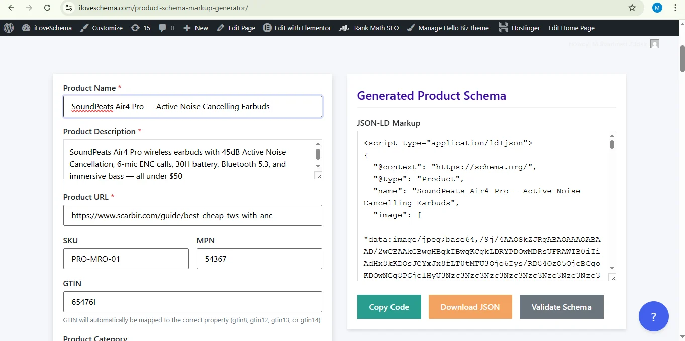 Product Schema — generated markup preview
