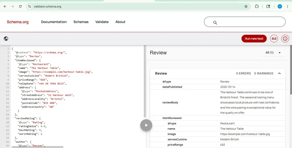 review snippet schema validate via Schema org after generating thorugh Iloveschema