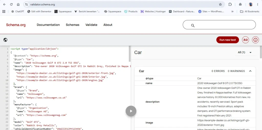 Car & Vehicle Listing schema markup generate via Iloveschema while validated via Schema org