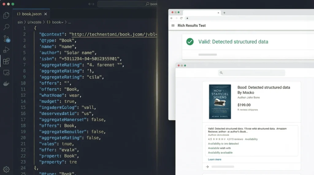 "Split screen showing JSON-LD code generation interface alongside validation results with a green pass status, demonstrating the complete workflow from generating schema to validating implementation."