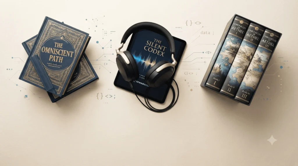 "Book, Audiobook, and Book Series Schema Markup Generator tool interface showing three publishing formats arranged with data visualization elements on a premium ivory background."