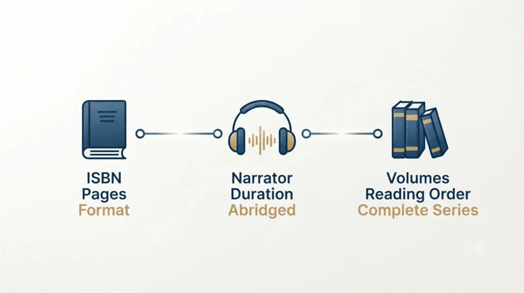 "Infographic showing the three schema types covered by the generator: Book schema with ISBN and page count fields, Audiobook schema with narrator and duration fields, and BookSeries schema with volume list and reading order capabilities."