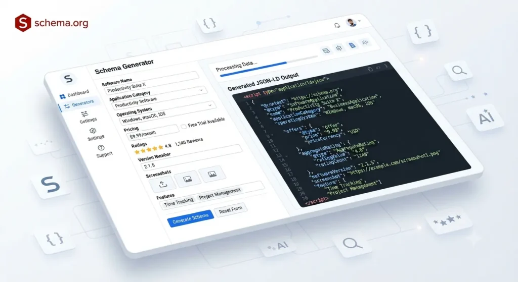 Software Application Schema Markup Generator creating JSON-LD structured data for apps and SaaS products.