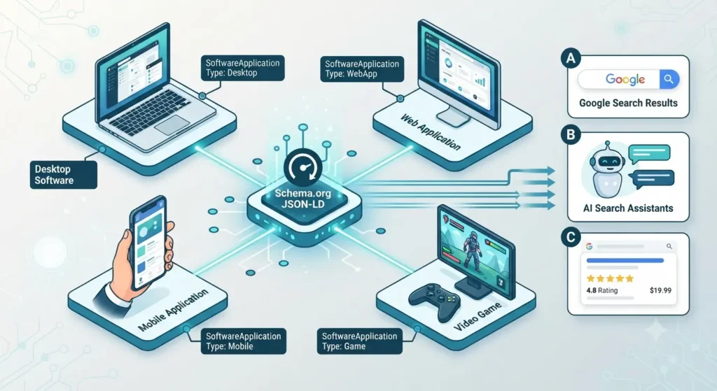 Diagram showing SoftwareApplication, MobileApplication, WebApplication, and VideoGame schema types.